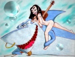 breasts duo facial_piercing female feral geometric_liquid guitar looking_at_viewer male musical_instrument nose_piercing nude open_mouth piercing plucked_string_instrument sharp_teeth smile string_instrument teeth ctw36 hanna-barbera jabberjaw jabberjaw_(character) shelly_lamarine fish human mammal marine shark 2008