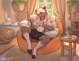 anthro balls bed bedroom big_balls big_penis black_body black_fur bottomwear bulge chair clothed clothing coffee_cup container cup detailed_background detailed_bulge fur furniture genitals hair hair_over_eyes holding_object hooves horn humanoid_genitalia humanoid_penis long_ears male on_chair penis ponytail shirt shorts sitting sitting_on_chair smile solo t-shirt topwear white_body white_fur white_hair k0moya josh_(ventus-c) bovid caprine goat mammal digital_media_(artwork) hi_res