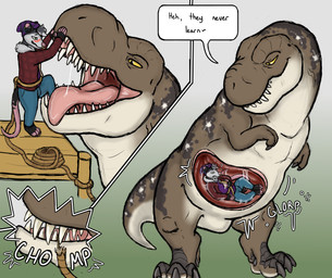 anthro anthro_prey blush bodily_fluids clothed clothing duo facial_piercing feral feral_pred foot_in_mouth hand_on_snout inside_stomach internal larger_feral male mouth_shot nose_piercing nose_ring open_mouth organs piercing ring_piercing rope saliva saliva_string size_difference smaller_anthro stomach text tongue tongue_out vore vore_tether hgythshs clarence_(barinth) gage_(hgythshs) american_opossum dinosaur mammal marsupial prehistoric_species reptile saurischian scalie theropod tyrannosaurid tyrannosauroid tyrannosaurus tyrannosaurus_rex absurd_res english_text hi_res