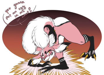 4_ears anthro arm_warmers_(marking) ass_up belly big_tail blush butt dialogue facial_piercing feather_hair feathers female fluffy fluffy_tail forked_tail geometric_background gold_ear_piercing golden_claws gradient_background hair impregnation_request inner_ear_fluff jack-o'_pose leg_markings lip_piercing lip_ring looking_at_viewer markings multi_ear piercing pink_back pink_body pink_ears pink_hair pink_head pink_text pink_thighs pink_wings pose pseudo_hair ring_piercing scuted_hands scuted_legs scutes simple_background socks_(marking) solo tail talking_to_viewer text tuft unusual_anatomy unusual_tail white_belly white_butt white_cheeks white_inner_ear_fluff white_snout white_tail winged_arms wings yellow_eyes trexqueen queenie_(trexqueen) avali absurd_res english_text hi_res