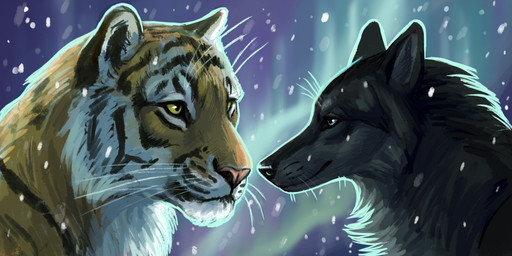 ambiguous_feral ambiguous_gender aurora_(phenomenon) black_body black_fur black_nose blue_eyes duo feral fur glistening glistening_eyes grey_body grey_fur mouth_closed pink_nose side_view snow snowing striped_body striped_fur striped_neck stripes whiskers white_body white_fur yellow_body yellow_eyes yellow_fur heatherwolf canid canine canis felid mammal pantherine tiger wolf 2:1