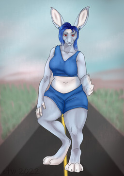 anthro bottomwear clothing ear_piercing ears_up female flesh_tunnel gauged_ear gift midriff navel piercing road shirt shorts solo tank_top topwear zhekathewolf melania_(airflypony) hare lagomorph leporid mammal rabbit full-length_portrait hi_res portrait sketch