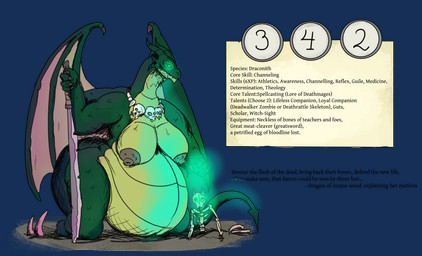 anthro big_breasts bone breasts female green_body homebrew hyper hyper_pregnancy jewelry magic_user melee_weapon membrane_(anatomy) membranous_wings montgomery_glands necklace necromancer nipples non-mammal_breasts pregnant skeleton solo spade_tail sword tail text ttrpg warhammer:age_of_sigmar:soulbound weapon wings vwpologt age_of_sigmar mayternity_2026 mythology warhammer_(franchise) warhammer_fantasy draconith dragon mythological_creature mythological_scalie scalie alpha_channel english_text hi_res