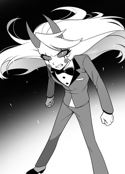 bow_tie female hair horn long_hair not_furry solo enaic31 hazbin_hotel hellaverse charlie_morningstar demon demon_humanoid humanoid absurd_res hi_res monochrome