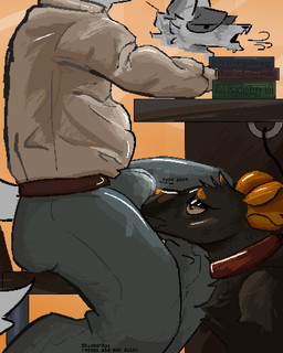 anthro breath bulge clothed clothing collar distracted duo half-closed_eyes male male/male narrowed_eyes panting sighing under_table dither_rat canid mammal murid murine rat rodent 4:5 digital_media_(artwork) dithering hi_res pixel_(artwork)