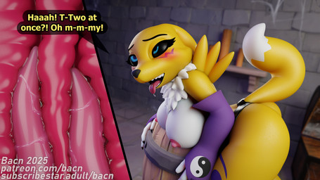 anal anal_penetration anthro areola big_breasts blush bodily_fluids breasts butt claws clothed clothing detailed_background dialogue double_penetration female fur huge_breasts internal looking_pleasured nipples nude open_mouth penetration sex smile solo tail tentacles text tongue tongue_out topless vaginal vaginal_penetration white_body white_fur yellow_body bacn bacn_(modeler) bandai_namco digimon renamon_(bacn) animate_inanimate canid canine digimon_(species) fox living_clothing mammal mimic renamon 16:9 2025 3d_(artwork) 4k absurd_res blender_(artwork) blender_cycles_(artwork) digital_media_(artwork) english_text hi_res widescreen