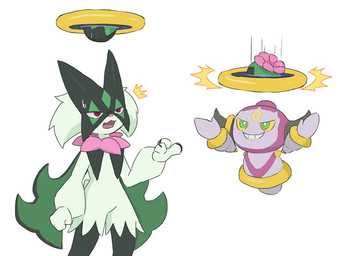 ambiguous_gender anthro bodily_fluids claws duo featureless_crotch flat_chested fur green_body green_eyes green_fur green_hair hair horn open_mouth portal purple_body red_eyes simple_background sweat tail tongue toothy_grin yellow_sclera ylit nintendo pokemon felid feline generation_6_pokemon generation_9_pokemon hoopa hoopa_(confined) humanoid legendary_pokemon mammal meowscarada pokemon_(species) 2025