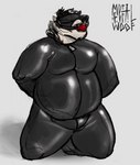 anthro bdsm belly bondage bound clothed clothing facial_piercing gag gagged latex latex_clothing latex_skinsuit male moobs nose_piercing overweight overweight_male piercing rubber_clothing simple_background skinsuit slightly_chubby slightly_chubby_male solo tight_clothing metalferal badger mammal mustelid musteline absurd_res hi_res