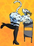 animal_print anthro big_butt biped black_boots black_clothing black_footwear black_high_heels black_nose boots breasts butt chair closed_smile clothed clothing cow_print fangs female folding_chair footwear fur furniture high_heeled_boots high_heels looking_back mask mouth_closed one_leg_up raised_leg raised_tail simple_background smile solo tail teeth under_boob white_body white_fur yellow_background yellow_sclera roboticsteve ring_cats raven_(roboticsteve) domestic_cat felid feline felis mammal 2024 absurd_res digital_drawing_(artwork) digital_media_(artwork) hi_res