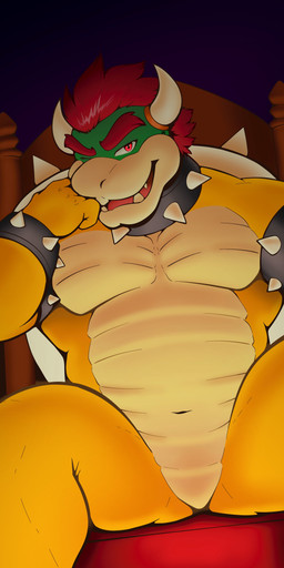 chair collar featureless_crotch furniture hair horn looking_at_viewer low_lighting male muscular muscular_male red_eyes red_hair sitting solo spikes spread_legs spreading throne temere_artifex mario_bros mythology nintendo bowser dragon koopa mythological_creature mythological_scalie reptile scalie turtle absurd_res hi_res