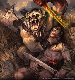 anthro axe black_hair blood blood_from_mouth blood_in_mouth bodily_fluids bone bone_necklace bottomwear clothing cloud crouching duo ear_piercing ear_ring eyes_closed grass hair holding_melee_weapon holding_object holding_sword holding_weapon jewelry male melee_weapon muscular muscular_anthro muscular_male neck_grab necklace open_mouth outside piercing plant ring_piercing sharp_teeth shorts sword teeth text weapon alex_alexandrov poxnora sony_corporation human hyena mammal english_text official_art