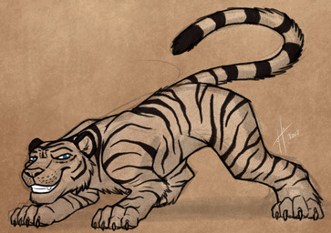 ambiguous_feral ambiguous_gender blue_eyes claws fangs feral fur grin looking_at_viewer markings quadruped simple_background smile solo striped_body striped_fur striped_legs striped_markings striped_tail stripes tail tail_markings teeth toe_claws hufnaar felid mammal pantherine tiger 2017 dated hi_res partially_colored