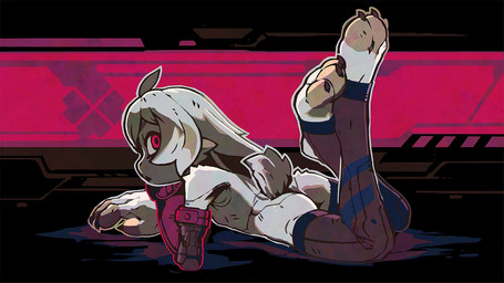 3_toes claws cybernetic_arm cybernetic_limb feet female fur looking_at_viewer nude paws red_eyes scut_tail short_tail solo stirrup_legwear tail tasteful_nudity toe_claws toes white_body white_fur polygoncherub clover_(polygoncherub) lagomorph mammal hi_res