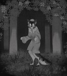 anthro clothing forest forest_background glowing glowing_eyes gown grass hat headgear headwear looking_at_viewer male nature nature_background night nightgown plant raised_arms shrub solo standing tree sanppa_popo big_bad_wolf_(shrek) canid canine canis mammal wolf monochrome