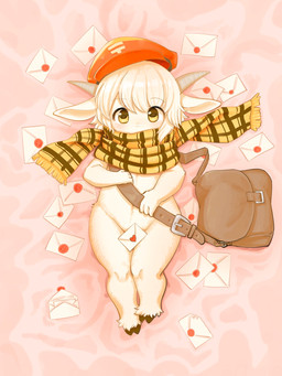 anthro clothing envelope female fur hair hat headgear headwear hooves horn kemono lying nude on_back scarf short_hair shortstack shoulder_bag solo white_body white_fur white_hair wide_hips young young_anthro 848siba bovid caprine goat mammal 3:4 digital_media_(artwork) hi_res shaded