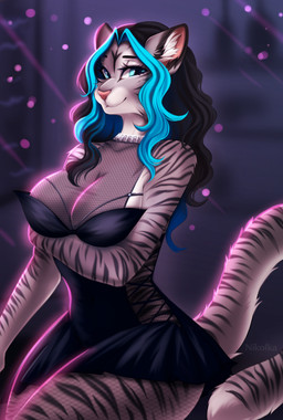 algiz_rune anthro black_hair black_stripes blue_eyes blue_highlights breasts choker cleavage clothed clothing dress female fishnet_clothing fur grey_body grey_fur hair highlights_(coloring) inner_ear_fluff jewelry looking_at_viewer necklace nightclub pink_nose short_dress smile smiling_at_viewer solo stripes tail thick_thighs tuft wide_hips nikolkaart freyja_(freyjatigress) felid mammal pantherine tiger hi_res