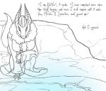 anthro clothed clothing comic digital_media_(artwork) dragon english_text female feretta low_res mis'alia monochrome mountain mythological_creature mythological_scalie mythology outside scalie silver_dragon solo tail text tumblr