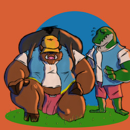 anthro backpack bottomwear brown_body brown_fur clothing duo fur green_body hat headgear headwear loincloth male overweight overweight_male shirt shorts topwear phillbeep_beepbop mammal scalie suid suine sus_(pig) wild_boar 1:1 2021