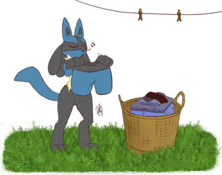 anthro black_body blue_body bottomless bottomwear casual_exposure clothed clothes_line clothing featureless_crotch folded_clothing fur grass holding_clothing holding_object laundry laundry_basket male outside plant pseudo_clothing pseudo_clothing_removed shorts solo spikes spikes_(anatomy) standing whistling yellow_body yellow_fur tc-96 nintendo pokemon generation_4_pokemon lucario pokemon_(species) 2024