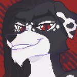 black_body black_fur black_hair floppy_ears fur grin hair male profile red_eyes smile solo white_body white_fur ustette haku_kagami canid canine canis domestic_dog mammal 1:1 digital_media_(artwork) headshot_portrait icon pixel_(artwork) portrait