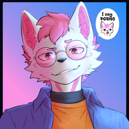 anthro black_clothing black_shirt black_topwear blue_clothing blue_jacket blue_topwear chibi clothed clothing eyewear fur glasses hair jacket looking_at_viewer male markings multicolored_hair pink_eyes pink_eyewear pink_glasses pink_hair pink_markings round_glasses shirt smile smiling_at_viewer smirk smirking_at_viewer solo speech_bubble text topwear white_body white_fur yellow_clothing yellow_shirt yellow_topwear alaster_z driftuwu drift_(driftuwu) canid canine fox mammal absurd_res english_text hi_res icon shaded