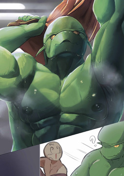 abs ambiguous_gender anthro biceps bodily_fluids cutaway duo green_body light looking_at_viewer male nipples pecs question_mark solo_focus steam steaming_body sweat sweaty_body yellow_eyes yurari_yr f-zero nintendo anon pico_(f-zero) alien absurd_res better_version_at_paywall hi_res