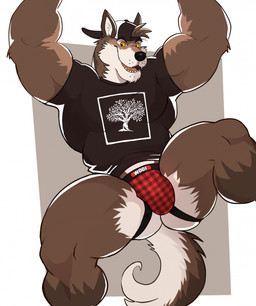 anthro backwards_baseball_cap backwards_hat baseball_cap biceps black_clothing black_nose black_shirt black_topwear brown_body brown_fur bulge clothing countershade_face countershade_fur countershading fur hat headgear headwear jockstrap male muscular muscular_anthro muscular_male raised_arms shirt solo tail topwear underwear darknaigart canid canine canis mammal wolf 2025 hi_res