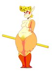 absurd_res belly big_ears blonde_hair boots boots_only breasts cheetara clothing facial_paint female footwear footwear_only hair hi_res humanoid inimus mostly_nude multicolored_body navel nude overweight pubes simple_background small_breasts smile solo stick tagme thick_thighs thundercats thundercats_roar two_tone_body white_background wide_hips