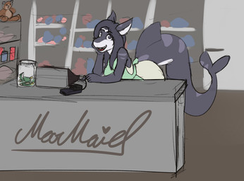 anthro big_tail breasts container desk female furniture grey_body grey_hair hair jar looking_at_viewer non-mammal_breasts open_mouth smile solo store table tail moomaid anna_magenta aquatic fish shark 2025 absurd_res digital_media_(artwork) hi_res