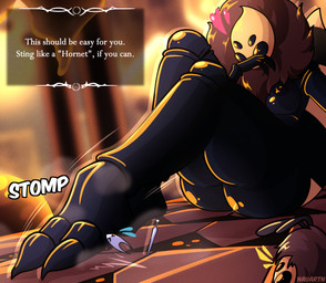 2_horns anthro black_body black_eyes breasts butt claws duo feet female female/female fur horn macro paws size_difference size_play text toes nauartn hollow_knight_(franchise) team_cherry hornet_(hollow_knight) queen_vespa_(hollow_knight) arthropod bee hymenopteran insect absurd_res english_text hi_res