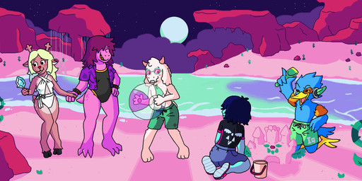 aloha_shirt ambiguous_gender anthro antlers arm_tuft ball barefoot beach beach_ball beak biped black_clothing black_hooves black_swimwear black_wetsuit blonde_hair blue_body blue_clothing blue_feathers blue_hair blue_skin blue_swimwear blue_tail blush bracelet breasts bucket buckteeth cartoon_freckles chest_tuft clothing cloud container countershade_fur countershade_inner_ear countershade_torso countershading cute_fangs dark_world detailed_background eyebrows eyelashes eyes_closed eyewear fangs feather_hair feather_hands feathers feet female fluffy fluffy_ears food footwear freckled_face freckled_hips freckles front_view fur gesture glasses green_clothing green_eyewear green_glasses green_sclera green_swimwear group hair hair_over_eyes hand_gesture hand_holding hand_on_hip happy head_tuft hip_tuft holding_beach_ball holding_food holding_object holding_popsicle holding_spade hooves horn inflatable jewelry kneeling knock-kneed long_ears long_hair looking_at_another looking_away male markings medium_length_hair messy_hair moon night one-piece_swimsuit outside pattern_clothing pattern_shirt pattern_topwear pawpads paws pink_body pink_clothing pink_footwear pink_horn pink_lens pink_sand pink_sandals pink_skin plant pointing popsicle popsicle_melting pseudo_hair purple_clothing purple_hair purple_shirt purple_topwear raised_arm rear_view red_nose rock sand sand_castle sandals scouter sculpture scut_tail sea sharp_teeth shirt shoes short_tail shoulder_tuft sky slightly_chubby small_breasts smile smug_face smug_grin spade_(shovel) spiked_bracelet spikes spots spotted_markings squiggle_mouth standing star sunglasses swept_hair swimming_trunks swimwear tail tan_body tan_fur teeth toothy_grin topwear tuft unusual_anatomy unusual_wings water water_wings wetsuit white_body white_clothing white_fur white_swimwear winged_arms wings yellow_beak yellow_talons yellow_teeth pixel_vibri deltarune undertale_(series) berdly kris_dreemurr noelle_holiday ralsei susie_(deltarune) avian bird boss_monster_(undertale) bovid caprine darkner deer goat human mammal new_world_deer reindeer reptile scalie 2026 absurd_res aliasing digital_media_(artwork) hi_res shaded nonbinary_(lore)