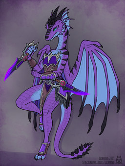anthro armor black_body black_scales blue_body blue_eyes blue_scales blue_sclera brown_clothing clothed clothing digitigrade holding_object holding_weapon multicolored_body multicolored_scales pupils purple_body purple_scales purple_tail purple_wings scales solo tail text weapon wings lichfang blizzard_entertainment european_mythology mythology warcraft dracthyr dragon mythological_creature mythological_scalie scalie western_dragon 2025 hi_res url