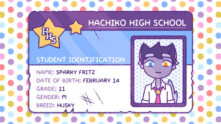 anthro black_hair clothing collared_shirt fur grey_body grey_fur hair heterochromia id_card looking_at_viewer male necktie pink_necktie scratches shirt smile solo star tail text topwear white_clothing white_shirt white_topwear 90percentdenny 90_percent_studios purrfect_apawcalypse sparky_fritz canid canine canis domestic_dog mammal 2019 english_text