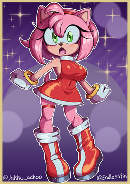 accessory anthro big_breasts blush blush_lines boots border bracelet breasts brown_nose clothed clothing dress eyelashes female footwear front_view fur gloves green_eyes hair hair_accessory hairband handwear head_tuft jewelry looking_at_viewer navel_outline open_mouth pink_body pink_fur pink_hair red_boots red_clothing red_dress red_footwear shoes short_hair side_boob solo tan_body tan_fur thick_thighs tuft white_clothing white_gloves white_handwear wide_hips yellow_border endlessfin sega sonic_the_hedgehog_(series) amy_rose eulipotyphlan hedgehog mammal hi_res