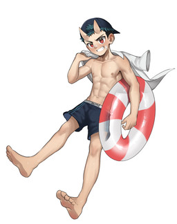 5_fingers 5_toes abs athletic athletic_male band-aid bandage barefoot clothed clothing feet fingers horn light_body light_skin male muscular muscular_young pecs pool_float smile soles solo swimming_trunks swimwear toes topless young young_humanoid young_male rpentagram demon demon_humanoid humanoid mammal hi_res