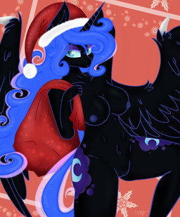 abstract_background anthro big_breasts breasts christmas_clothing christmas_headwear clothing cutie_mark ethereal_hair female genitals hat headgear headwear holidays horn looking_aside nude raised_leg sack santa_hat solo spread_wings vulva wings synthsparkle christmas friendship_is_magic hasbro my_little_pony mythology nightmare_moon_(mlp) equid equine mammal mythological_creature mythological_equine winged_unicorn hi_res