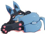 3_fingers 3_toes anthro anus blue_body blue_fur blue_tail butt censored_genitalia censored_pussy feet female fingers fur genitals looking_at_viewer orange_eyes pawpads paws pussy rear_view simple_background solo tail toes white_background lolobot nintendo pokemon generation_4_pokemon lucario pokemon_(species) 2025 censored digital_media_(artwork) hi_res