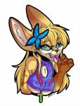 accessory anthro big_breasts blonde_hair breasts butterfly_clip candy dessert eyewear facial_piercing female food glasses glowstick hair hair_accessory hairclip licking lollipop piercing solo tongue tongue_out jesterghastly kaiyonato canid canine fennec_fox fox mammal true_fox 2019 hi_res