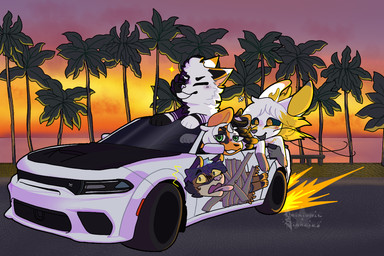anthro car dreadlocks female florida group male palm_tree plant sunset tree vehicle water dodge_(brand) dodge_charger mythology stellantis_n.v. kyrie_(palmtrees) luna_(lunadrago) canid canine canis coyote dragon hellcat mammal mythological_creature mythological_scalie scalie wolf 3:2 meme