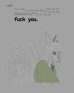 anthro biped blood blood_on_face bodily_fluids bone_frill clothed clothed_anthro clothed_female clothing feathered_wings feathers female frill_(anatomy) green_clothing green_jacket green_topwear grey_background grey_body grey_feathers grey_hair hair head_down jacket long_hair markings profanity raindrop raining simple_background smile solo striped_markings stripes text topwear vent_art wings rehikir goodbye_volcano_high ko_op_(game_developer) fang_(gvh) prehistoric_species pterosaur reptile scalie 4:5 absurd_res artist_name english_text hi_res