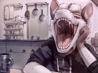 anthro black_clothing black_jacket black_topwear bodily_fluids clothing container cookware cup fangs front_view frying_pan fur glistening glistening_eyes grey_eyes hair inside jacket kitchen kitchen_utensils looking_at_viewer male mouth_shot mug narrowed_eyes open_mouth red_tongue saliva saliva_on_tongue saliva_string short_hair solo teeth tongue tools topwear white_body white_fur white_hair conditional_dnp kiva~ mythology dragon furred_dragon furred_scalie mythological_creature mythological_scalie scalie 2022 4:3 dated signature