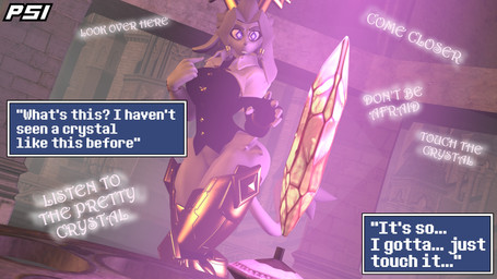 anthro antlers armwear big_breasts black_armwear black_clothing black_elbow_gloves black_gloves black_handwear black_topwear bottomless bottomless_anthro bottomless_female breasts clothed clothing crystal dialogue elbow_gloves female fingerless_gloves fur gloves gold_thigh_highs grey_body grey_fur grey_hair hair handwear horn leg_armor solo tail text topwear wide_hips psikokinetic warfaremachine_(modeler) pseudoregalia sybil_(pseudoregalia) jackalope lagomorph mammal 16:9 2026 3d_(artwork) absurd_res digital_media_(artwork) english_text hi_res source_filmmaker_(artwork) widescreen