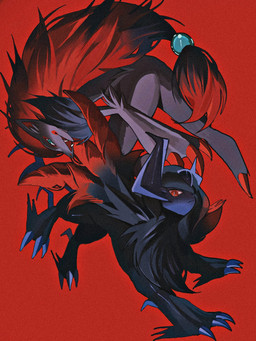 ambiguous_gender anthro black_body black_fur black_hair butt claws duo fangs feral fur grey_body grey_fur hair horn looking_at_viewer open_mouth red_eyes red_hair simple_background teal_eyes teeth mmocc123 nintendo pokemon pokemon_legends_z-a generation_5_pokemon generation_9_pokemon mega_absol_z mega_evolution pokemon_(species) zoroark 2026 3:4 hi_res