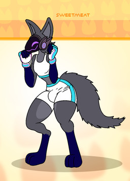 anthro bottomwear bra bulge clothed clothing femboy fluffy fluffy_tail gloves handwear machine male multicolored_body shorts simple_background solo sports_bra sportswear tail underwear white_clothing sweetmeat furgals protogen hi_res