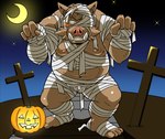 anthro blush brown_body brown_fur clothing costume food fruit fur halloween_costume holidays humanoid_hands kemono male moobs moon mummy_costume mummy_wrappings night nipples outside overweight overweight_anthro overweight_male plant pumpkin solo oogamikennta halloween mammal suid suine sus_(pig) wild_boar 2020