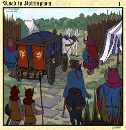 anthro carriage checkpoint chest_(container) female feral forest group guard guard_position guardsmen holding_melee_weapon holding_object holding_polearm holding_spear holding_weapon male melee_weapon paintbrush_tail plant polearm riding_horse saddle scabbard shield sitting spear standing sword tent text tree weapon wheel sir_paulus lisabeth_(lord_paulus) canid canine canis common_hippopotamus equid equine fox hippopotamid horse mammal rhinoceros wolf hi_res