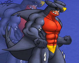 abs anthro biceps big_muscles biped blue_background blue_body blue_scales fangs male muscular muscular_anthro muscular_male nude open_mouth pecs red_body red_scales scales simple_background solo standing tail teeth year yellow_body yellow_scales larlarbehemoth mythology nintendo pokemon dragon garchomp generation_4_pokemon mythological_creature mythological_scalie pokemon_(species) reptile scalie 2014 5:4 signature