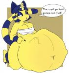 anthro anthro_pred bangs belly big_belly big_breasts blunt_bangs breasts dialogue egyptian female female_anthro female_pred fur half-closed_eyes hand_imprint huge_belly imprint lidded_eyes narrowed_eyes navel open_mouth oral_vore same_size_vore simple_background solo text unseen_prey vore yellow_body yellow_fur carnivorousvixen animal_crossing nintendo ankha_(animal_crossing) domestic_cat felid feline felis mammal digital_media_(artwork) english_text hi_res