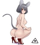 breasts butt clothing crouching female footwear footwear_only grey_hair hair high_heels mostly_nude nipples red_eyes shoes shoes_only simple_background solo white_background donburikazoku touhou nazrin animal_humanoid humanoid mammal mammal_humanoid mouse_humanoid murid murid_humanoid murine murine_humanoid rodent rodent_humanoid 2020 hi_res