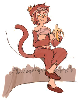 5_fingers anthro banana branch breasts brown_body brown_clothing brown_eyebrows brown_footwear brown_fur brown_hair brown_shoes clothing crown eating eating_food eyebrows female female_anthro fingers food footwear fruit fur hair headgear looking_at_viewer orange_eyes plant shoes simple_background small_breasts smile solo topwear tube_top white_background unknown_artist haplorhine mammal monkey primate